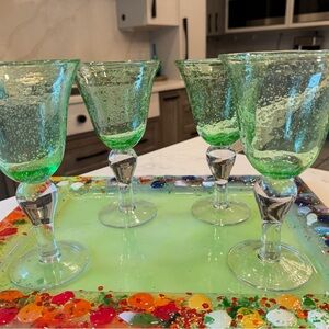 Set of 4 Green Bubble Stemmed Goblets